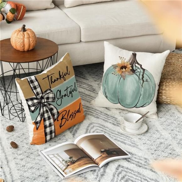 Fall Pumpkin Home Sweet Home Pillow Covers - 18x18 Inch, Set of 4 Autumn Designs - Picture 3 of 7